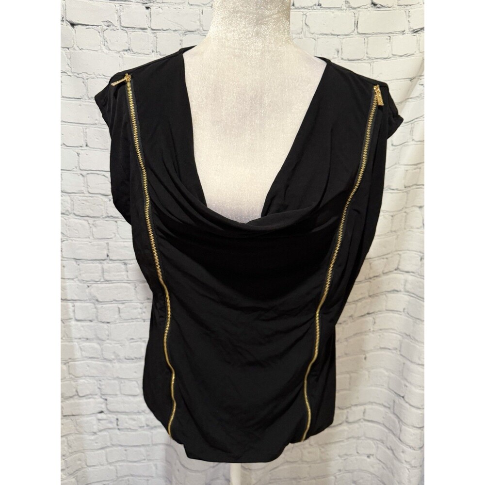 Calvin Klein Sleeveless blouse cowl neck prominent gold zipper accents Large